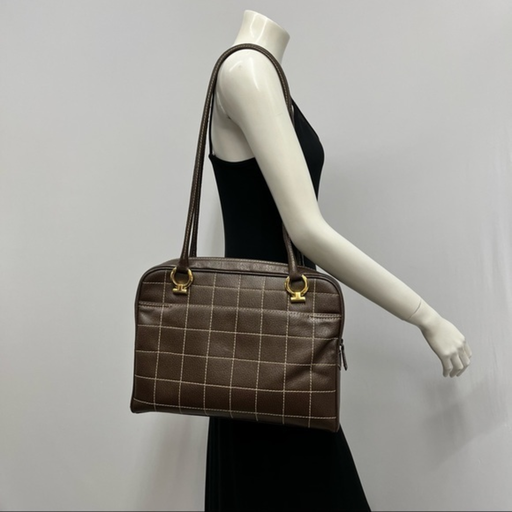 Lederer‎ Leather Bag Brown Pebble Grain With Khaki Stitching Large & Fabulous